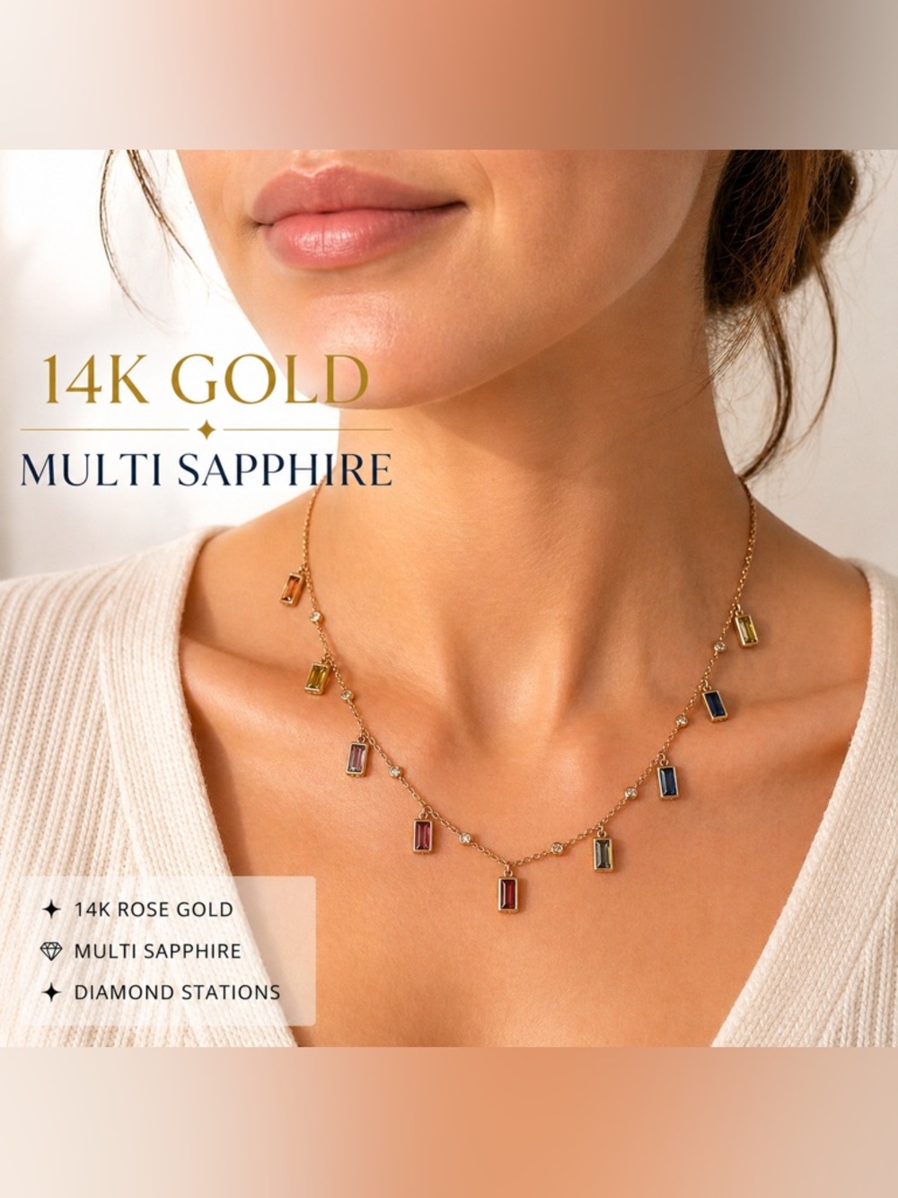 Stunning 14K rose gold necklace| diamonds multi-colored sapphire baguette stones